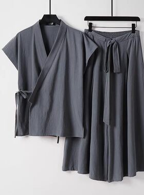 男大码亚麻汉服道袍九分裤套装
