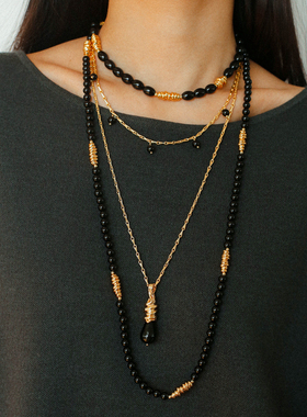 法式复古黑玛瑙串珠叠搭长款项链