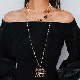 TU JEWELRY 复古vintage混彩珍珠琉璃大象项链中古风轻奢长毛衣链