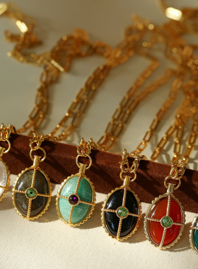 法式ins复古椭圆天然石长款项链