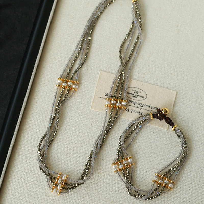 法式复古多层金矿石珍珠颈链手链