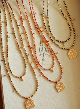 法式复古天然石尖晶几何吊坠项链