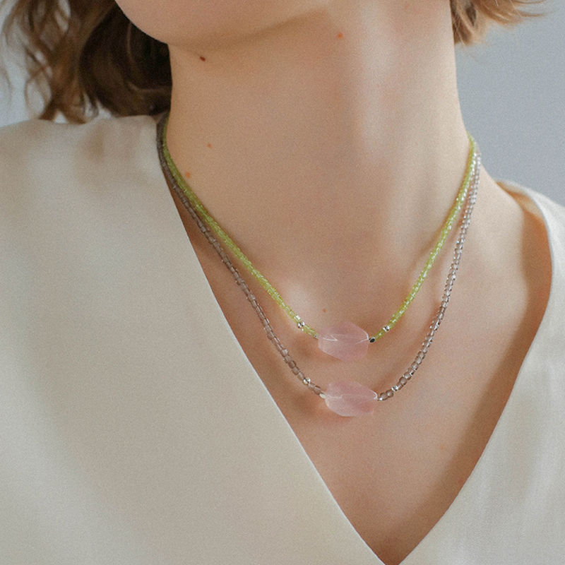 夏日清新粉水晶橄榄石串珠项链