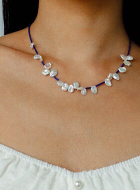 小众天然花瓣珍珠青金石锁骨链