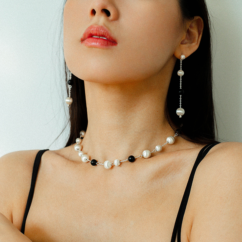 复古黑檀木拉丝银球项链手链耳环