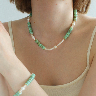 TU JEWELRY 清新绿天然珍珠贝壳手工串珠项链欧美ins百搭叠搭颈链