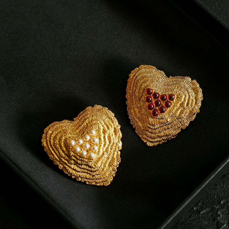 TU JEWELRY 复古爱心珍珠石榴石胸针vintage高档大衣心形胸花别针