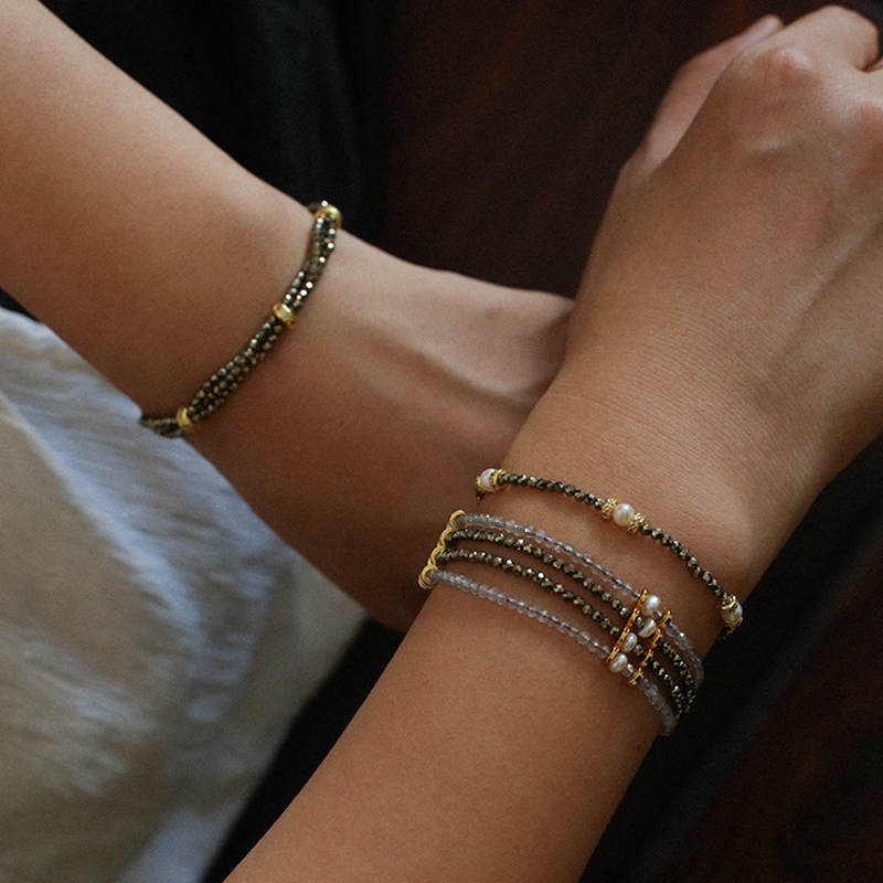 法式复古多层金矿石天然珍珠手链