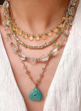 波西米亚度假风白水晶串珠锁骨链