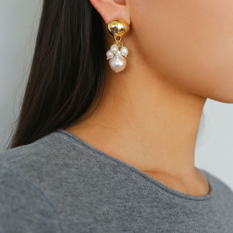 优雅黑玛瑙天然巴洛克珍珠耳钉