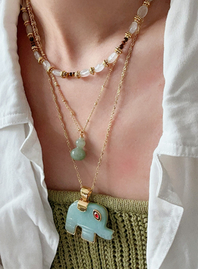 小众设计虎眼石绿东陵大象项链