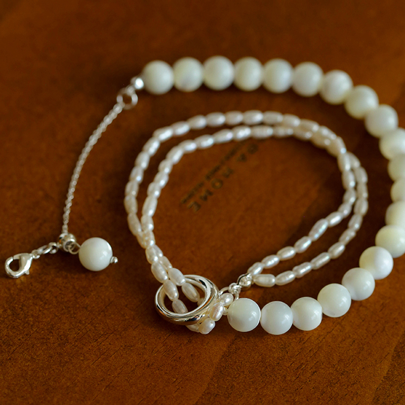 TU家 小众设计天然珍珠白蝶贝拼接项链ins优雅气质百搭颈链锁骨链