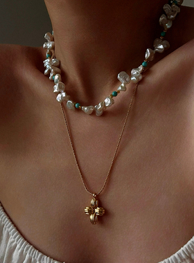 复古巴洛克花瓣珍珠蓝松色项链女