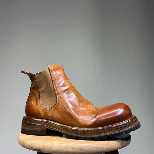 复古马皮重水洗做旧切尔西靴男士真皮底圆头厚底短筒靴固特异皮鞋