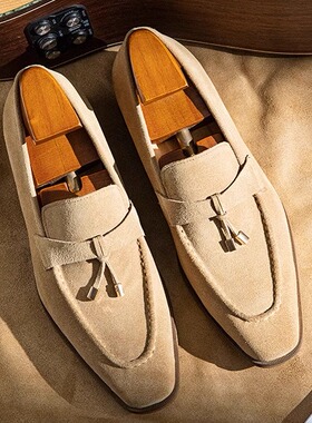 英伦复古方头乐福皮鞋流苏夏季休闲反绒皮软底磨砂一脚蹬豆豆鞋子