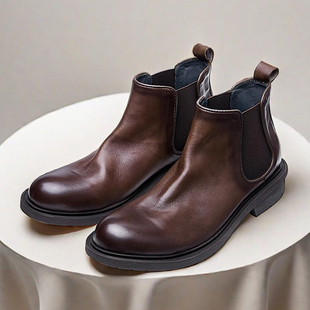 复古英伦切尔西靴男软底真牛皮商务圆头套脚一脚蹬透气马丁靴夏季