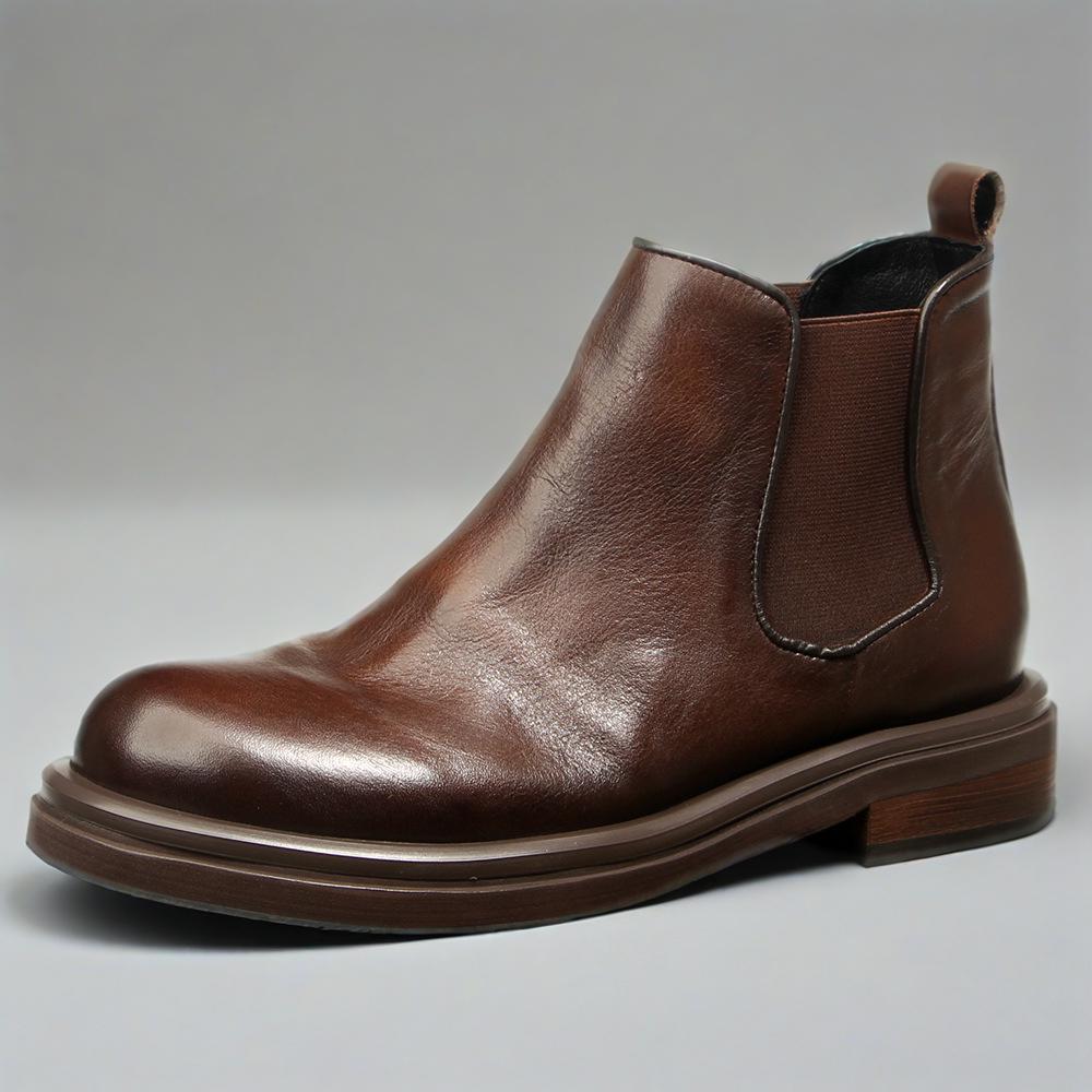 2025秋冬厚底圆头切尔西靴男软底英伦马丁靴一脚蹬复古风牛皮短靴