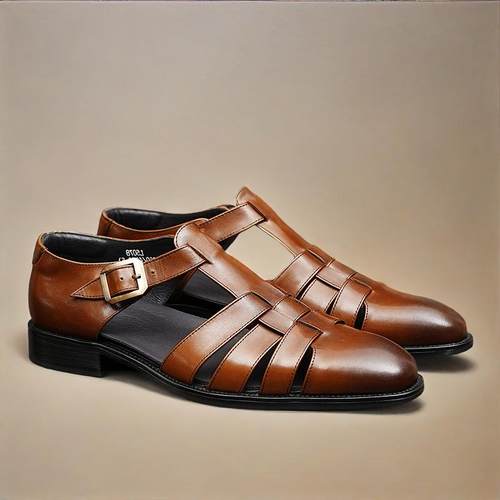 商务搭扣款牛皮包头皮凉鞋