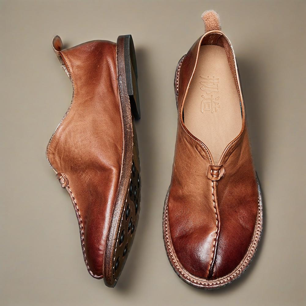 马皮真皮手工缝线牛皮底套脚单鞋