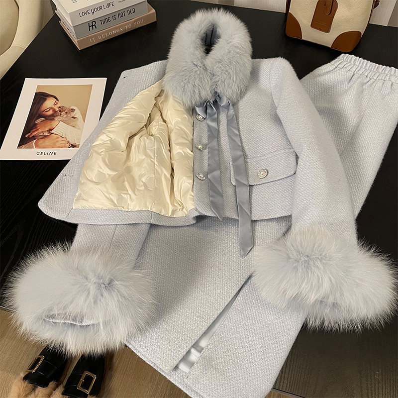 狐狸毛小香风羽绒服套装