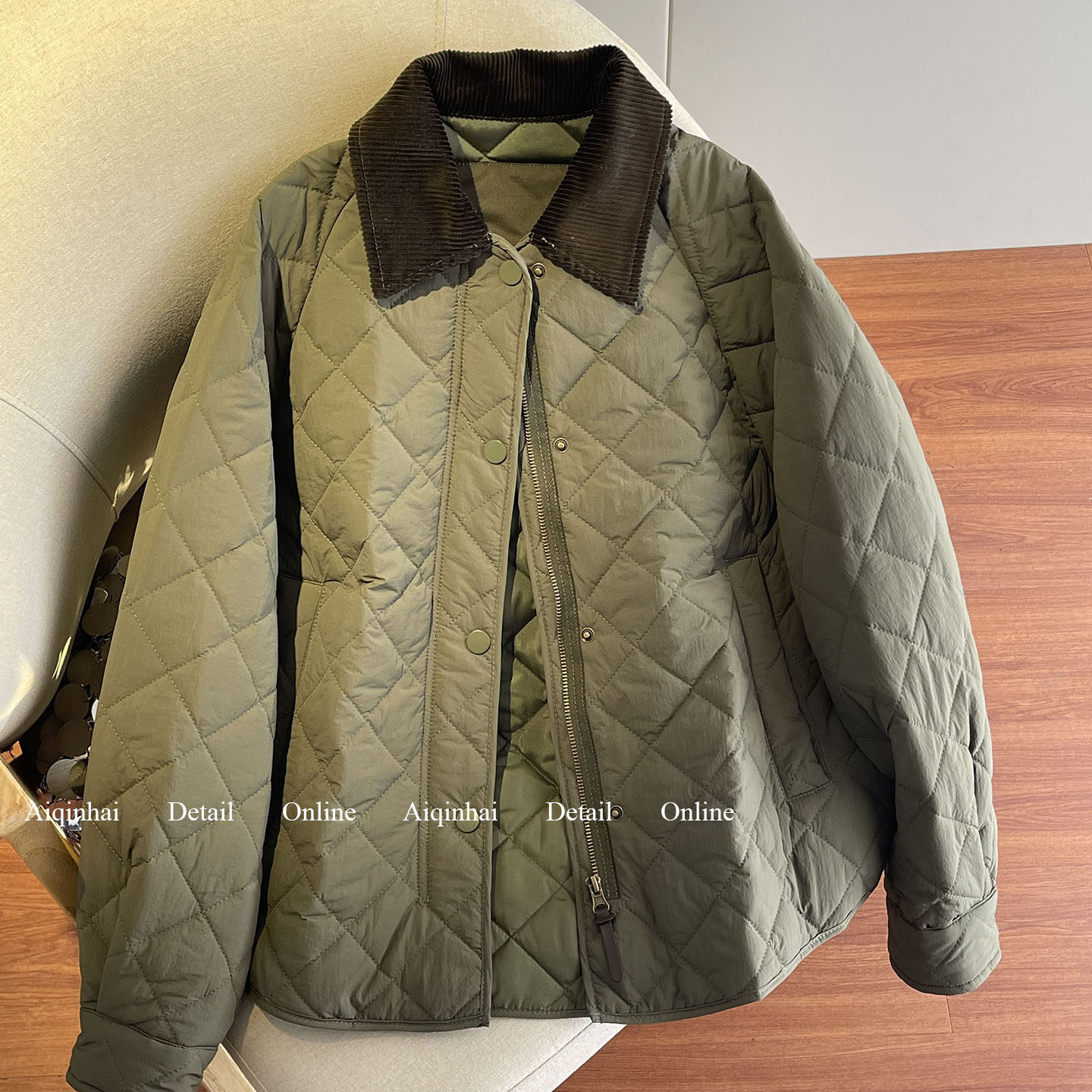 军绿菱格丝绒棉服外套女2025秋冬新款轻薄休闲棉衣拼接保暖棉袄潮