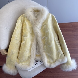 新中式羽绒服女装冬季新款国风提花狐狸毛拼接独特漂亮冬装厚外套