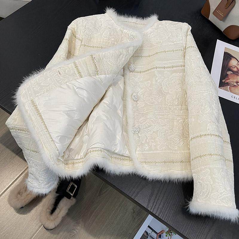 新中式提花水貂毛小香风羽绒服女冬24冬季新款重工刺绣白鸭绒外套,女装/女士精品,羽绒服,淘宝优惠券,粉丝福利购,淘宝优惠卷