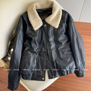 黑色羊羔毛翻领羽绒服女2025冬季新款白鸭绒内胆蛋白皮衣保暖外套