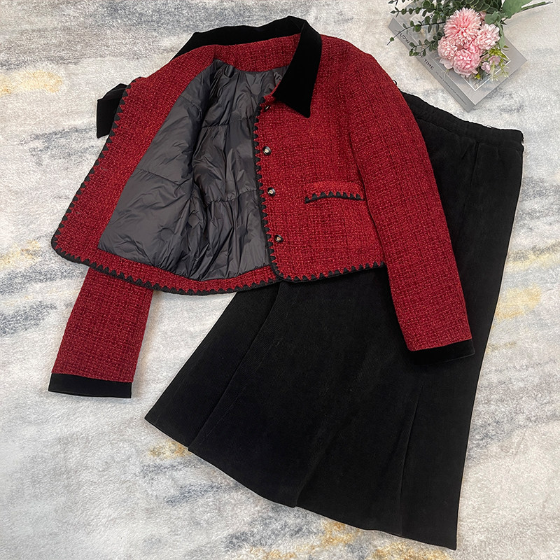 小香风冬季穿搭套装女2025新款拼接羽绒内胆蝴蝶结鱼尾裙两件套,女装/女士精品,时尚套装,淘宝优惠券,粉丝福利购,淘宝优惠卷