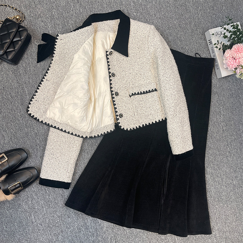 小香风套装女2025秋冬新款高端蝴蝶结羽绒内胆短外套鱼尾裙两件套,女装/女士精品,时尚套装,淘宝优惠券,粉丝福利购,淘宝优惠卷