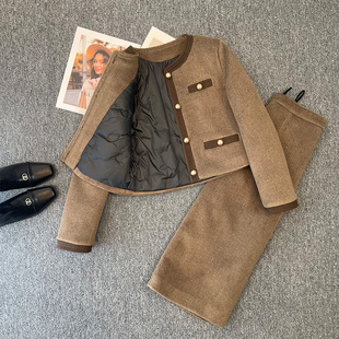 拼接撞色短外套长裙两件套 新款 咖色小香风羽绒服套装 女2025冬季