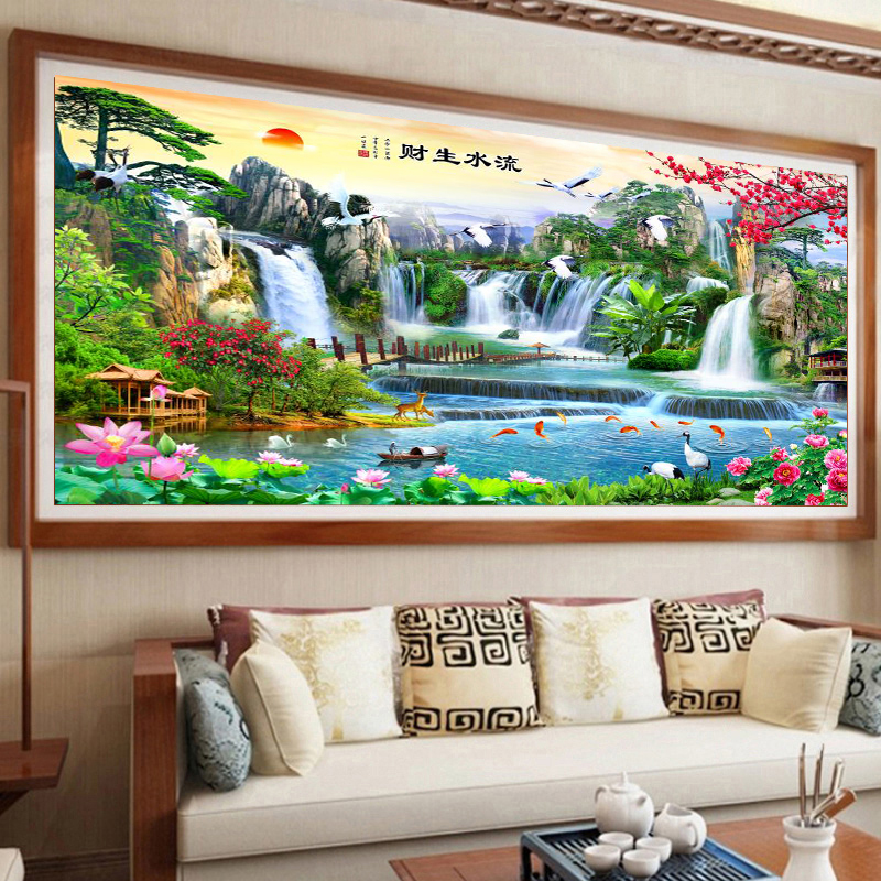 宣绒布钻石画满钻2024新款客厅风景风水大画5d钻石绣流水生财
