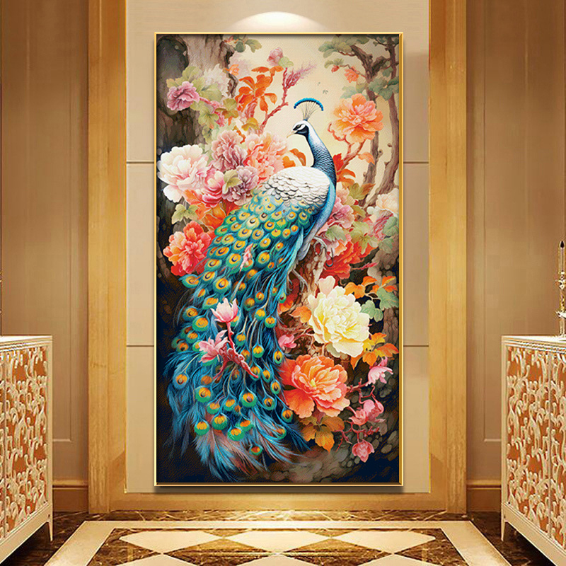 新中式入户玄关钻石画2025新款满钻客厅花开富贵钻石绣牡丹孔雀
