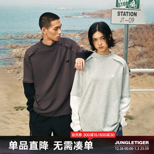 复古宽松情侣拼接上衣 美式 丛林老虎潮牌假两件圆领长袖 t恤男秋季
