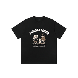 潮牌260G重磅纯棉短袖 丛林老虎街头嘻哈小狗印花T恤男女夏季 美式