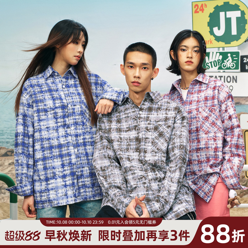 丛林老虎美式复古格子长袖衬衫男