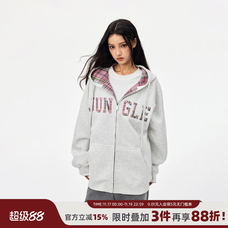 丛林老虎贴布格子拉链卫衣帽衫女