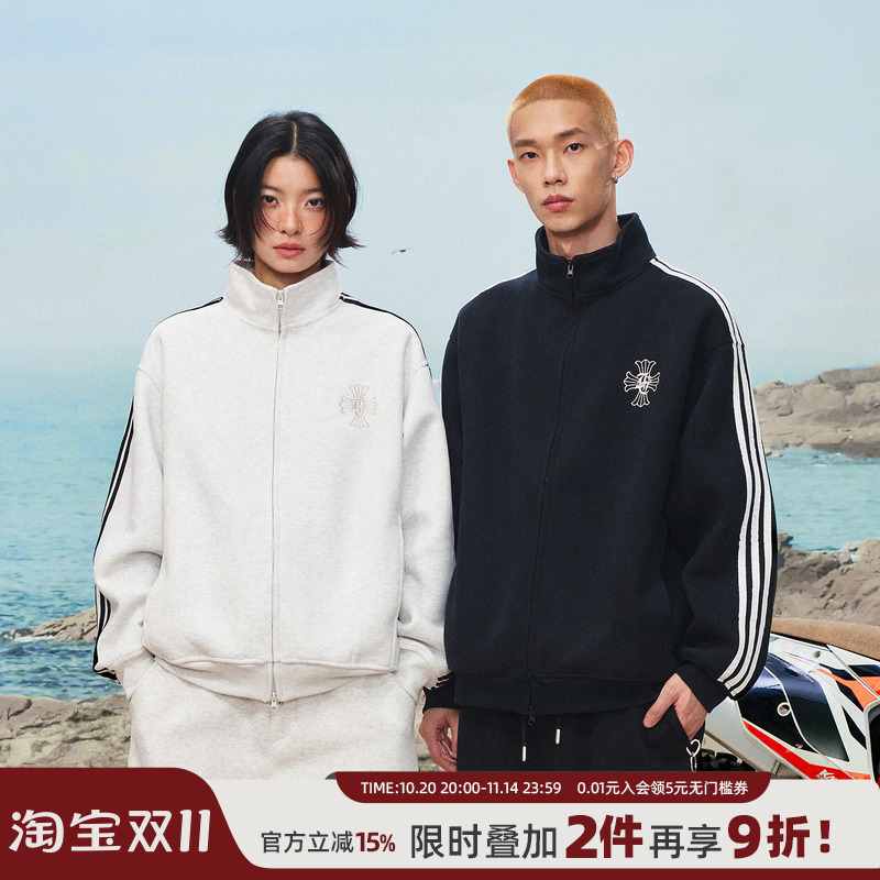 丛林老虎三条杠刺绣立领运动卫衣男秋季美式潮牌拉链上衣外套女秋