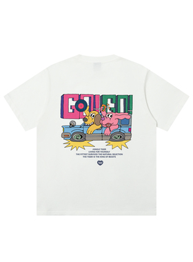 丛林老虎&插画师联名美式涂鸦T恤短袖男潮流嘻哈白色纯棉重磅半袖