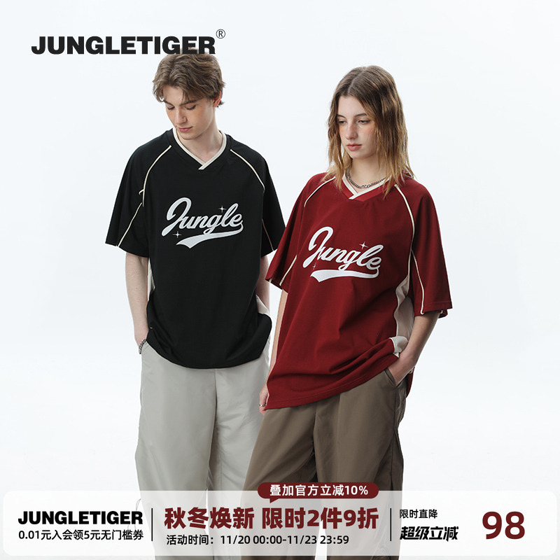 丛林老虎美式字母拼接V领短袖T恤