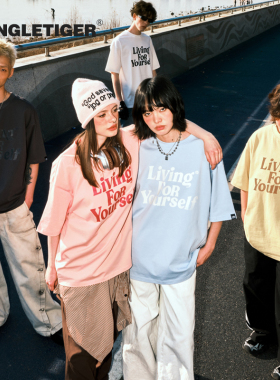 丛林老虎美式字母重磅纯棉浅蓝色短袖女t恤潮牌夏日宽松上衣男夏