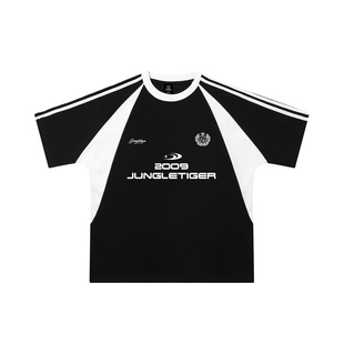 重磅纯棉短袖 丛林老虎三条杠插肩t恤男潮牌拼接美式 怼甜同款