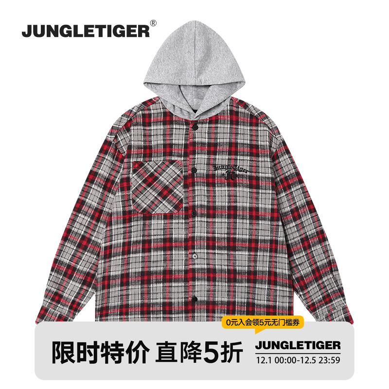 丛林老虎美式街头连帽长袖衬衫男