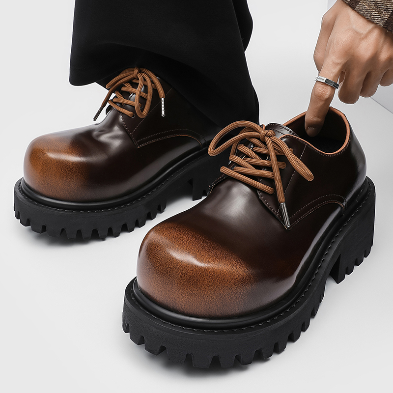 厚底增高10CM德比鞋男款真皮英伦风大头皮鞋高级感棕色复古工装鞋