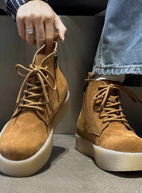 马丁靴男真皮秋季英伦风休闲高帮大黄靴拉链复古厚底增高工装靴