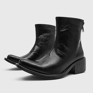 尖头切尔西靴男款真皮走秀潮款厚底增高6cm马丁靴黑色翘头巫师靴