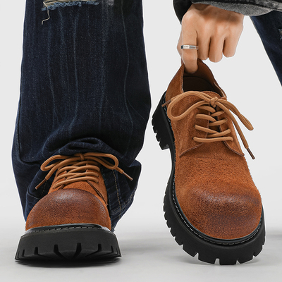 棕色德比鞋男款翻毛皮厚底增高大头工装鞋高级感圆头通勤休闲皮鞋