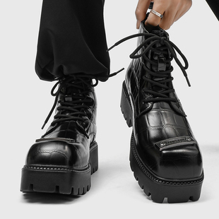 方头马丁靴男款真皮高帮德比工装靴厚底增高皮鞋英伦风中帮机车靴