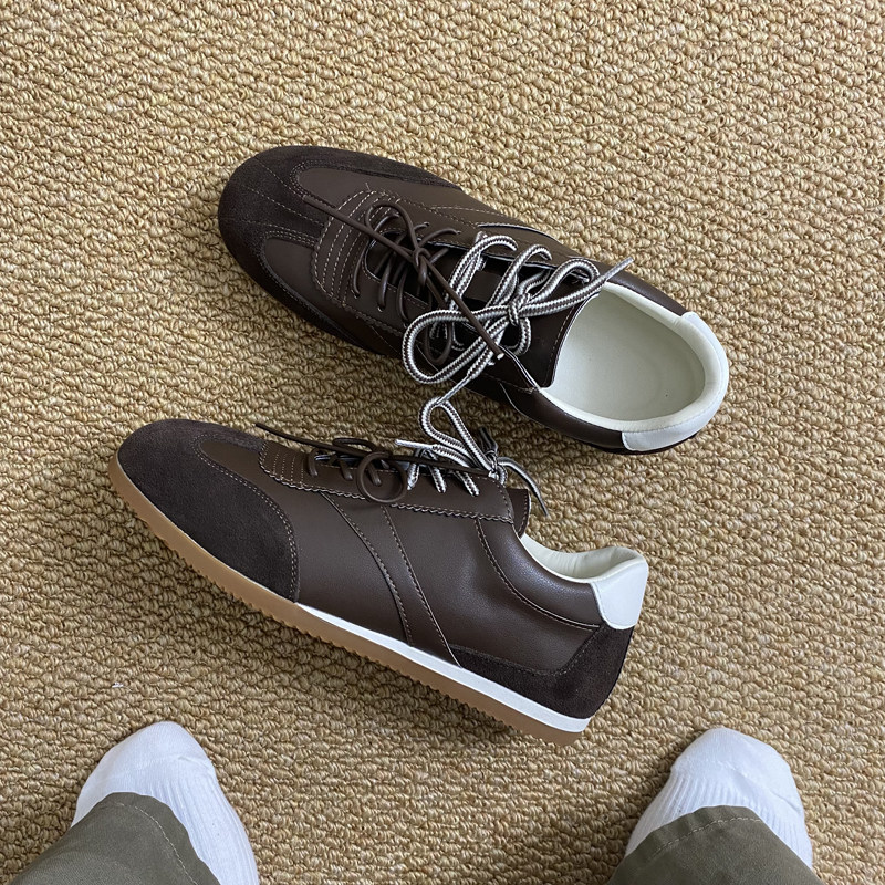 棕色德训鞋男款真皮极简平底拳击训练鞋软底赛车鞋复古通勤阿甘鞋