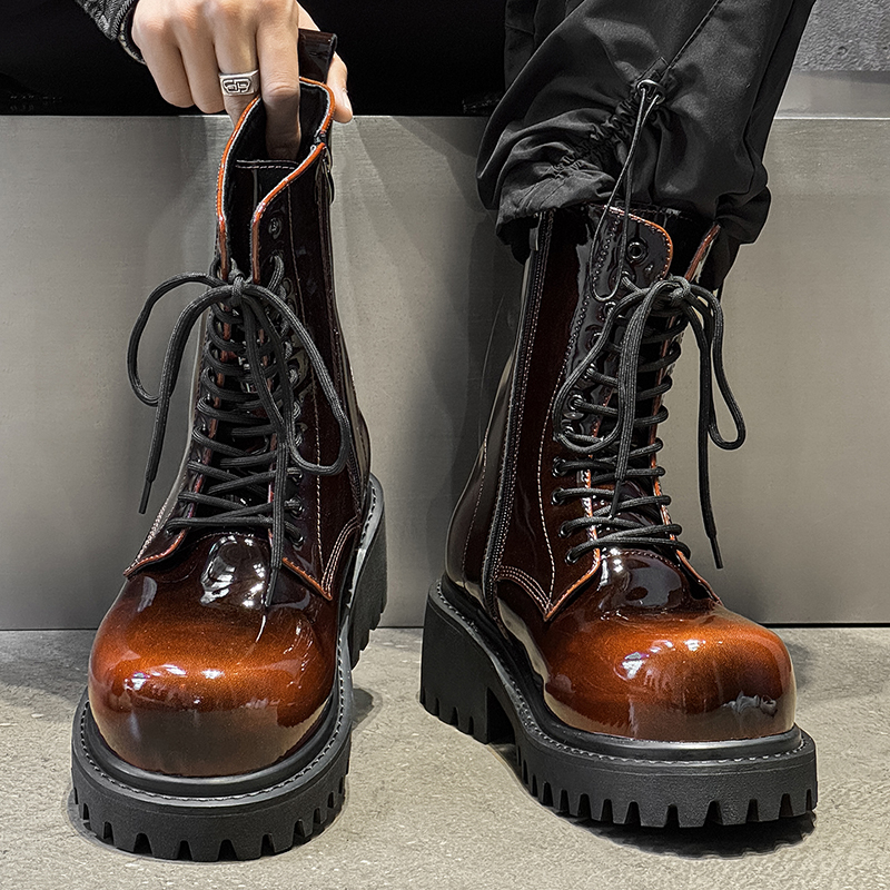增高10CM马丁靴男漆皮复古长筒靴